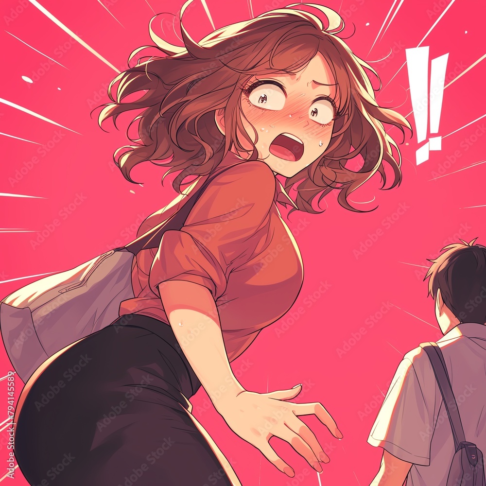 A comedic manga comic illustration showing a girl with a surprised expression and exaggerated sweatdrops, caught in a hilarious mishap as she trips and falls in front of her crush A comedic manga comic illustration showing a girl with a surprised expression and exaggerated sweatdrops, caught in a hilarious mishap as she trips and falls in front of her crush