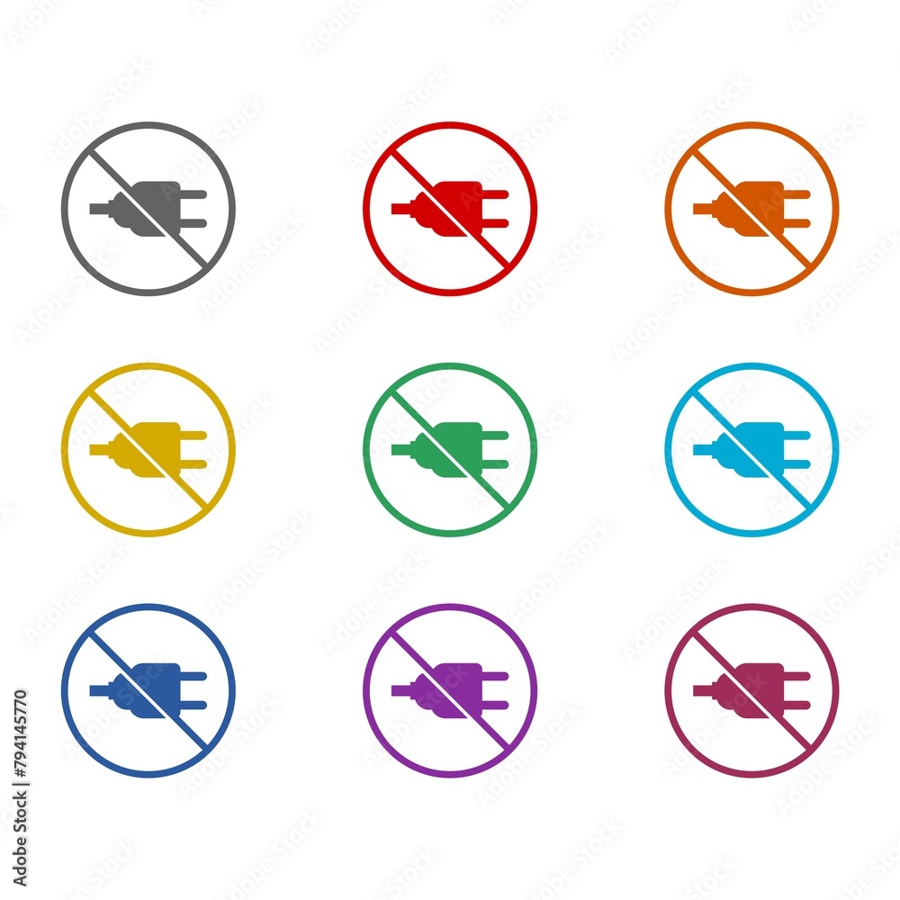 No plug flat icon isolated on white background. Set icons colorful No plug flat icon isolated on white background. Set icons colorful