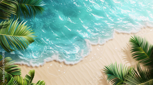 Idyllic summer scene with palm fronds over a sandy beach and turquoise sea