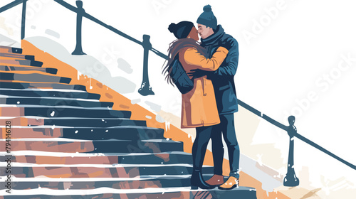 Affectionate embrace on city steps with coffee in han
