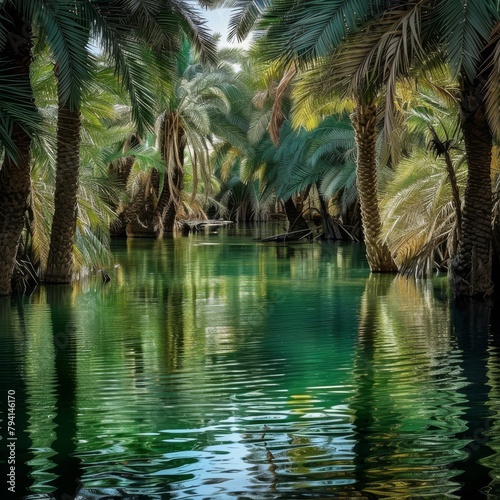 a body of water with palm trees