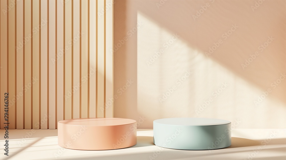 A mockup of two podiums with a pastel blue and peach circular base, arranged in front of an empty beige wall with vertical wood slats. A mockup of two podiums with a pastel blue and peach circular base, arranged in front of an empty beige wall with vertical wood slats.