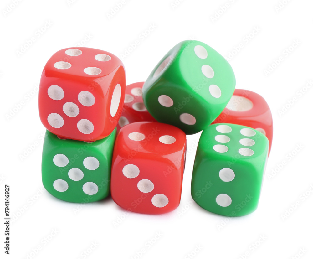 Many green and red game dices isolated on white Many green and red game dices isolated on white