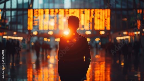 A man standing in front of a large arrivals and departures board in an airport.