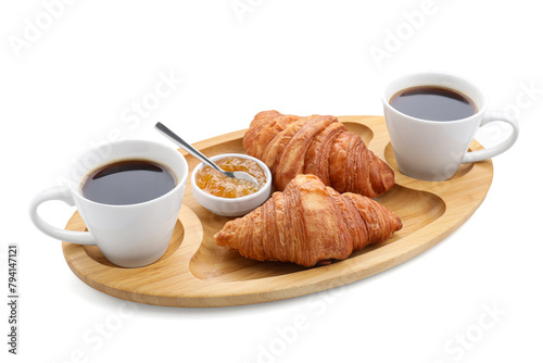 Tasty breakfast. Cups of coffee, jam and croissants isolated on white