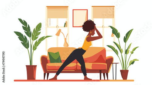 African woman doing stretching at home Hand drawn style
