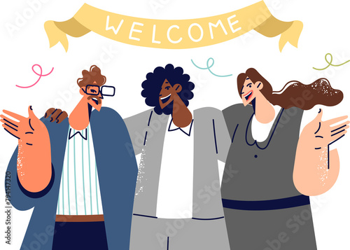 Friendly business people invite you to join team, standing under banner that says welcome. Various girls and guys say welcome to new employees of corporation who have come to work for first time