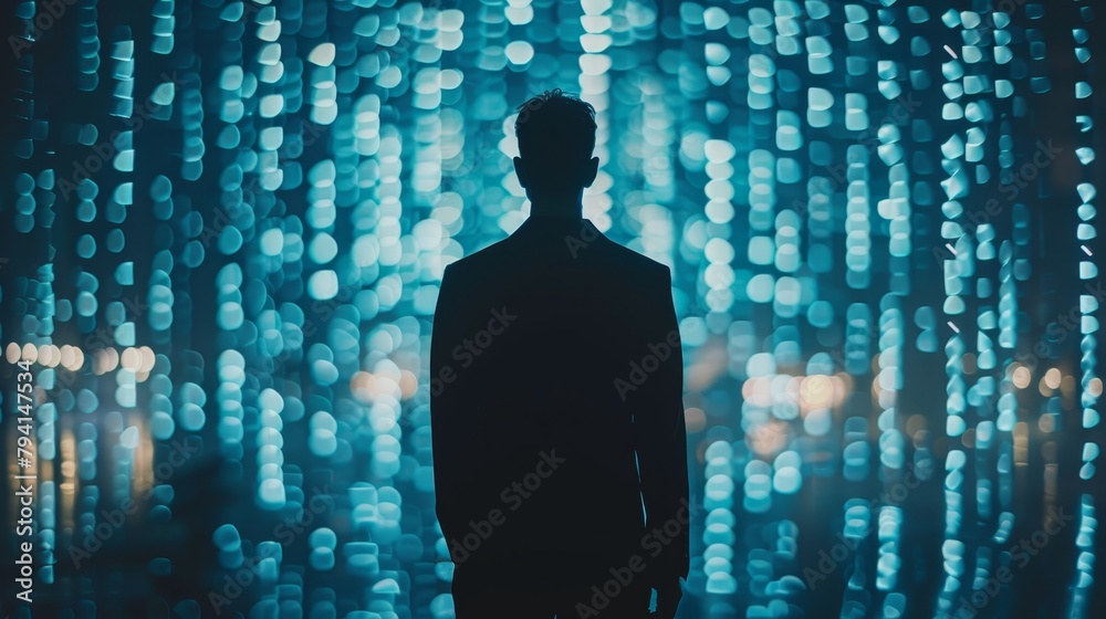 A man standing in front of a wall of blue lights. A man standing in front of a wall of blue lights.