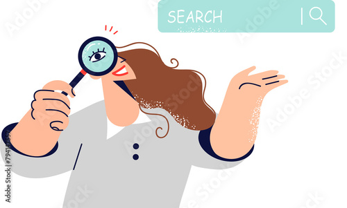 Woman journalist uses search bar on internet to find answer to complex question, holding magnifying glass. Girl suggests using search to broaden your horizons and develop new skills