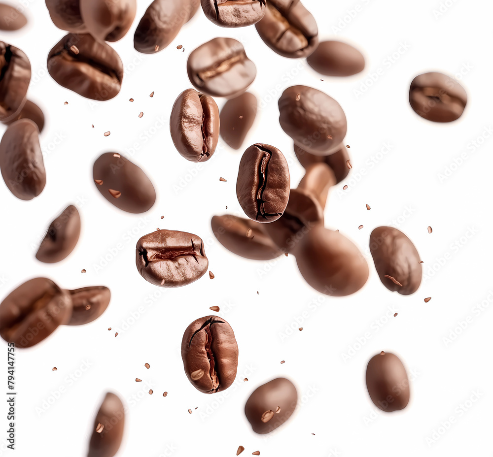 Coffee beans flying on a white background. Isolated falling coffee beans. Flying defocusing coffee grains. Applicable for cafe advertising, packages, menu design. Coffee beans flying on a white background. Isolated falling coffee beans. Flying defocusing coffee grains. Applicable for cafe advertising, packages, menu design.