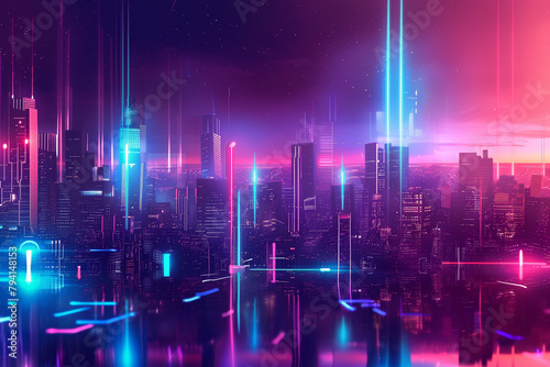 Futuristic neon-lit cityscape at night for sci-fi design.