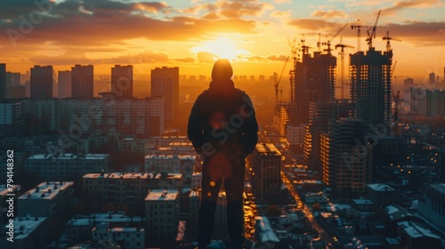 A man standing on a rooftop overlooking a city at sunset. photo