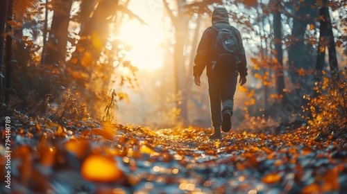 A man walking down a forest path in the fall.