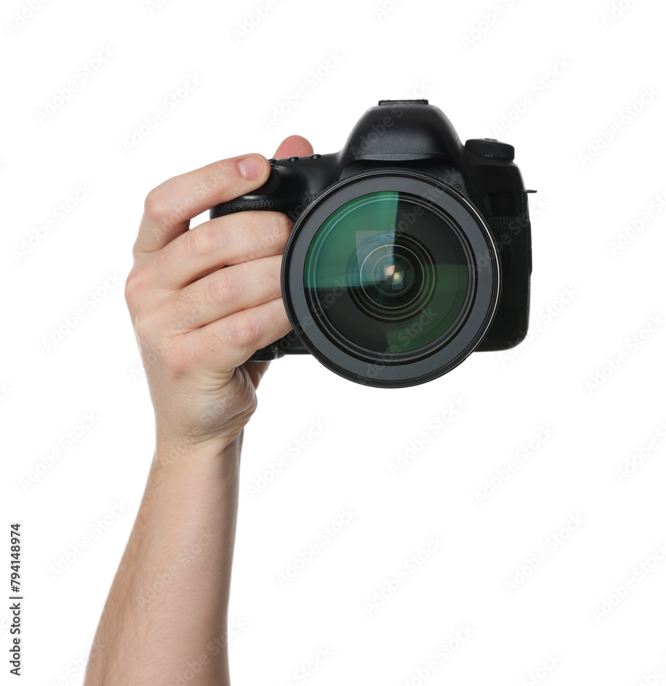 Photographer holding modern camera on white background, closeup