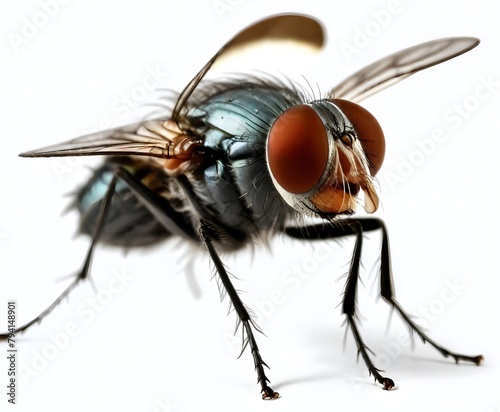 A close-up image of a large house fly with its compound eyes, proboscis, and hairy legs clearly visible