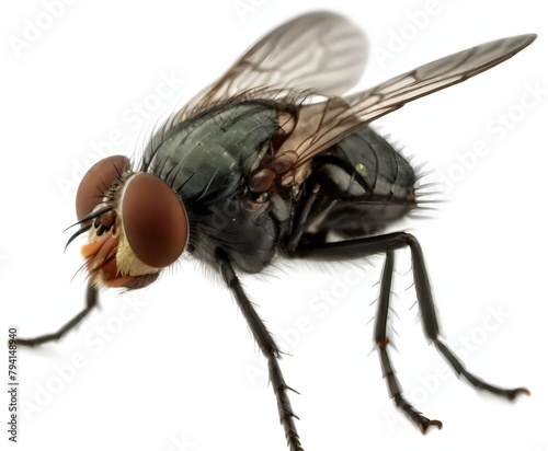 A close-up image of a large house fly with its compound eyes, proboscis, and hairy legs clearly visible