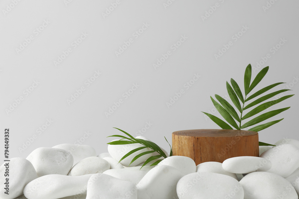 Presentation for product. Wooden podium and green twigs on white pebbles. Space for text
