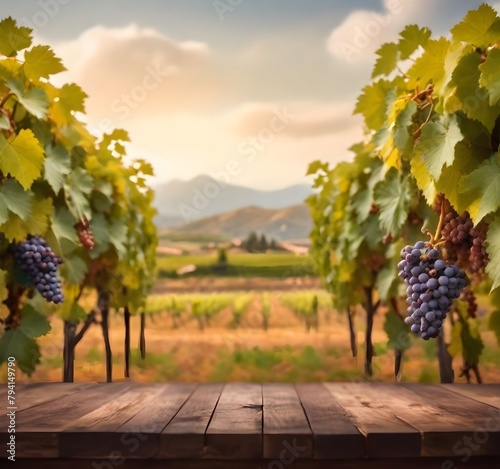 A vineyard with rows of grape vines  purple grapes hanging from the vines  and a wooden table or platform in the foreground against a blurred background of mountains and a cloudy sky