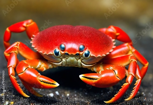 A close-up of a red crab with large claws and eyes on stalks © nissrine