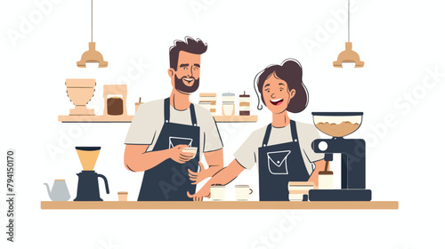 Baristas smiling happily at work ready to serve custo photo