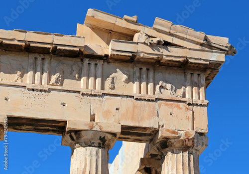 Architecture detail of ancient temple in Acropolis, Greece.
