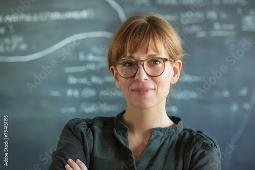A woman teacher with glasses smiling and a blackboard in the background