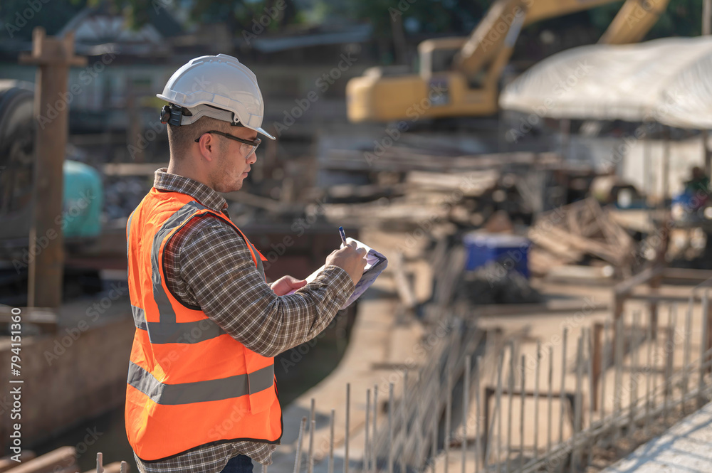 Obraz premium Construction engineer working on a bridge construction site over a river,Civil engineer supervising work,Foreman inspects work at a construction site