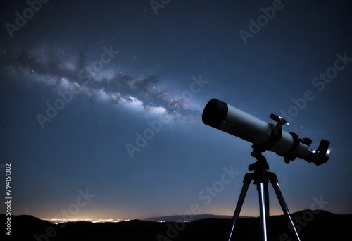 A telescope pointed at the night sky with a starry background