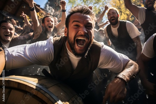 A group of men are gathered around a barrel, one man is on top of it with his arms in the air and a huge smile on his face © Pairat