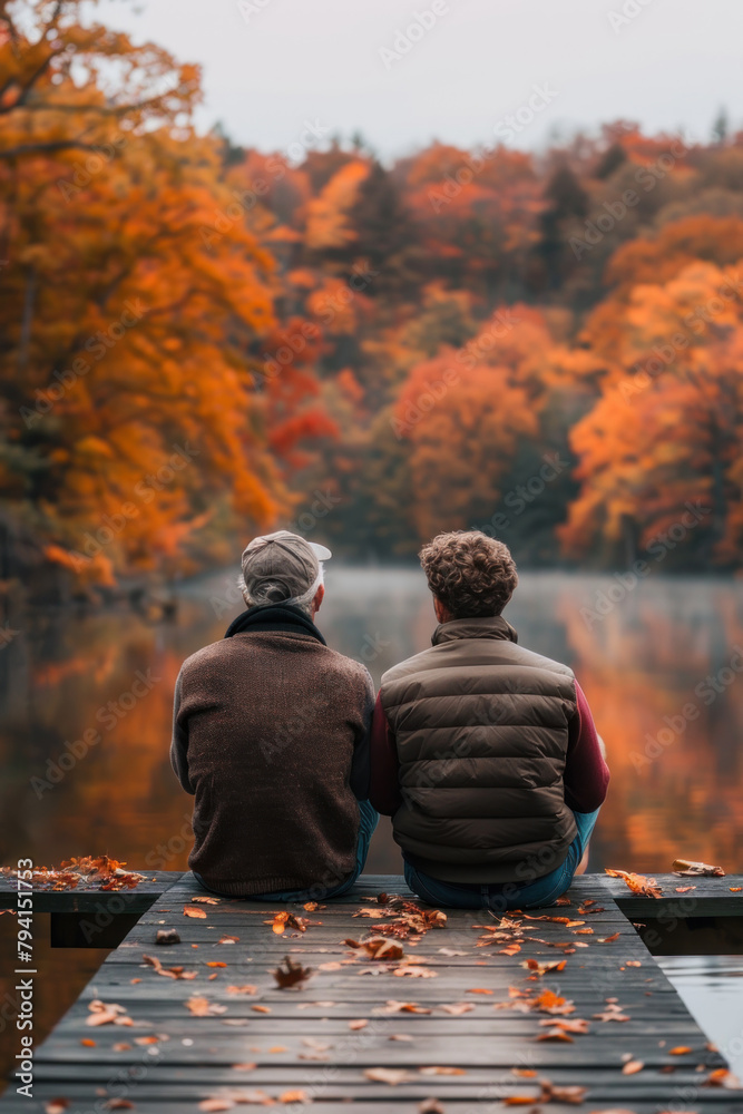 Two men are sitting on a dock by a lake, looking out at the water while fishing Two men are sitting on a dock by a lake, looking out at the water while fishing