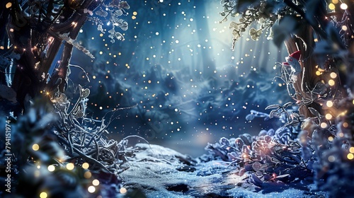 A magical and whimsical Christmas background filled with enchanted forests photo