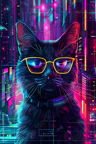 Cyberpunk cat with glasses against a neon cityscape for modern, sci-fi designs.