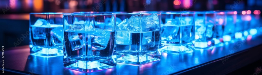 A row of shot glasses filled with vodka on the bar counter with blue lighting A row of shot glasses filled with vodka on the bar counter with blue lighting