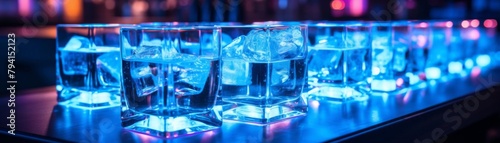 A row of shot glasses filled with vodka on the bar counter with blue lighting photo
