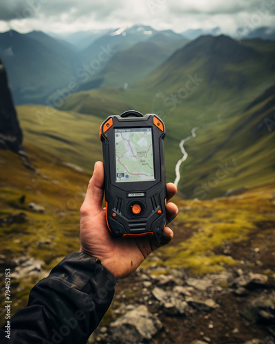 Hiker using a rugged outdoor GPS device with a 3D pin displayed over a remote mountain trail