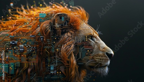 The shape of a lion head combines with a colourful electronic board, a powerful technology concept.