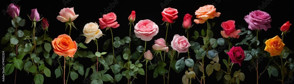 A variety of roses in a row on a black background