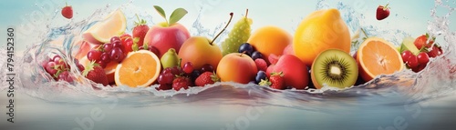 A variety of fruits are arranged in a row against a blue background. Water is splashing around the fruits.