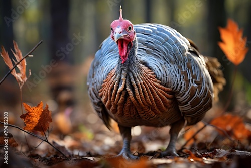 A wild turkey struts through the fall leaves in search of food.