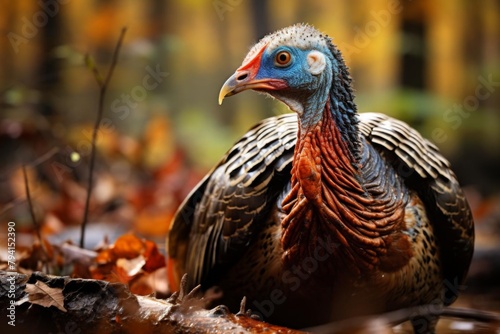 A wild turkey sits in the woods looking for food photo