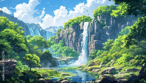 Picturesque landscape with a waterfall falling from a high cliff surrounded by a verdant forest. Natural background. Illustration for cover  card  interior design  poster  brochure or presentation.