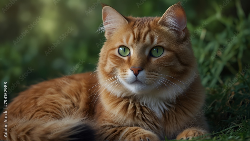 Portrait of a cat on grass with green eyes