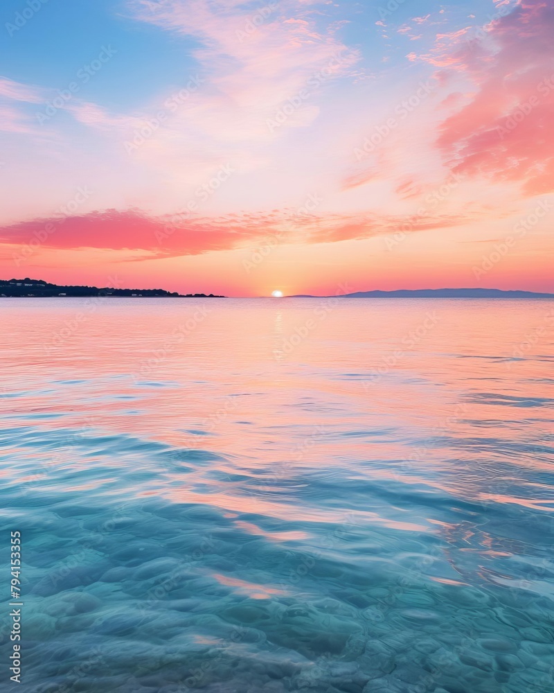 Fototapeta premium The setting sun casts a pink and purple glow over the calm sea.