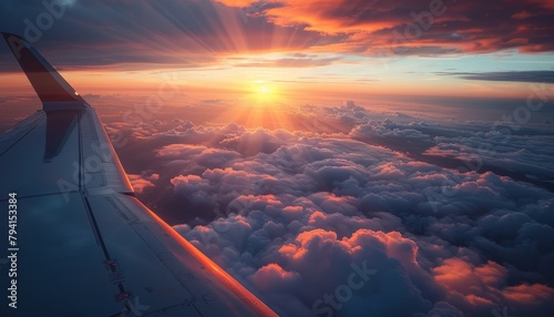 Beautiful sunset above the clouds. Aerial view. Nature background of sky. Cloudy landscape from the window of an airplane. Sunrise. Sun goes into the clouds. Illustration for varied design.