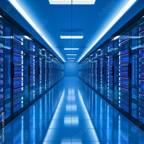 a hallway with rows of servers