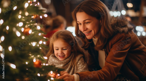 Happy mother and daughter decorating Christmas tree together. Smiling woman and little girl at Christmas market. Winter holiday celebration.