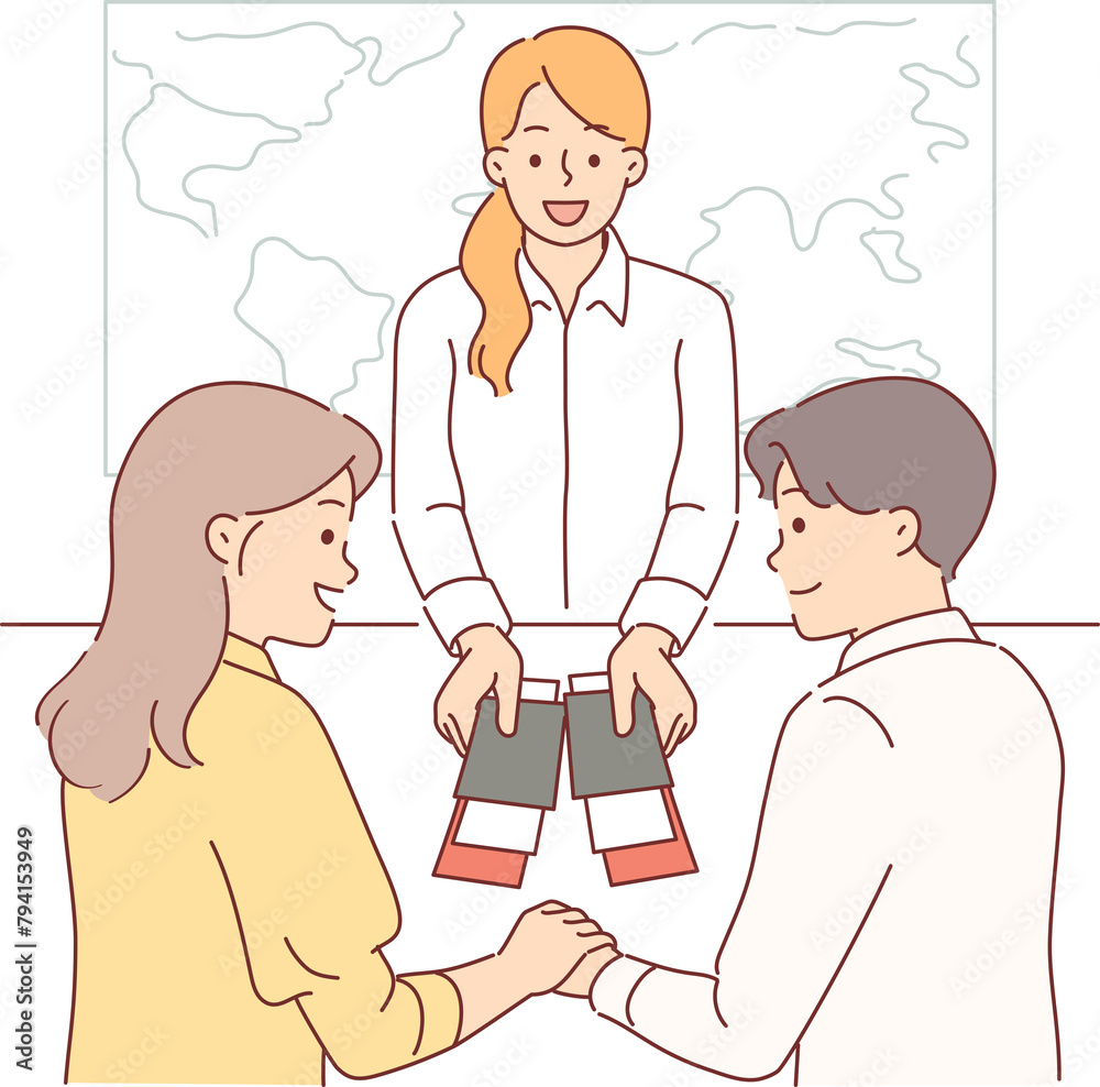 Purchase of travel tickets by young married couple, contacted travel agency to organize honeymoon. Girl agent hands out passports with visas to happy people going on summer vacation Purchase of travel tickets by young married couple, contacted travel agency to organize honeymoon. Girl agent hands out passports with visas to happy people going on summer vacation