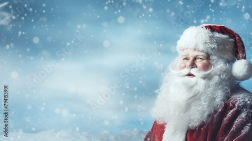 Funny Santa Claus in costume with beard and mustaches. Banner with copy space for text. Christmas holiday background. © lumionary