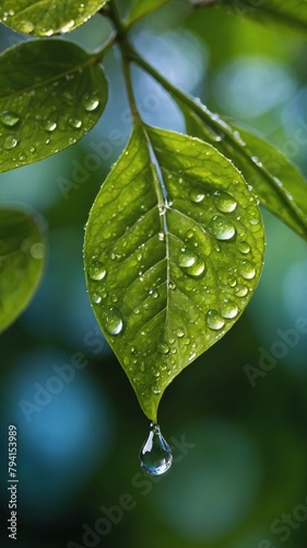 Close-up captures vibrant green leaf with droplets of water on its surface, one droplet at tip poised to fall. Leaf backlit by natural light, highlighting its intricate veins.