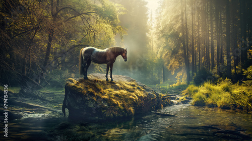 Cavalo em cima de uma rocha na floresta photo